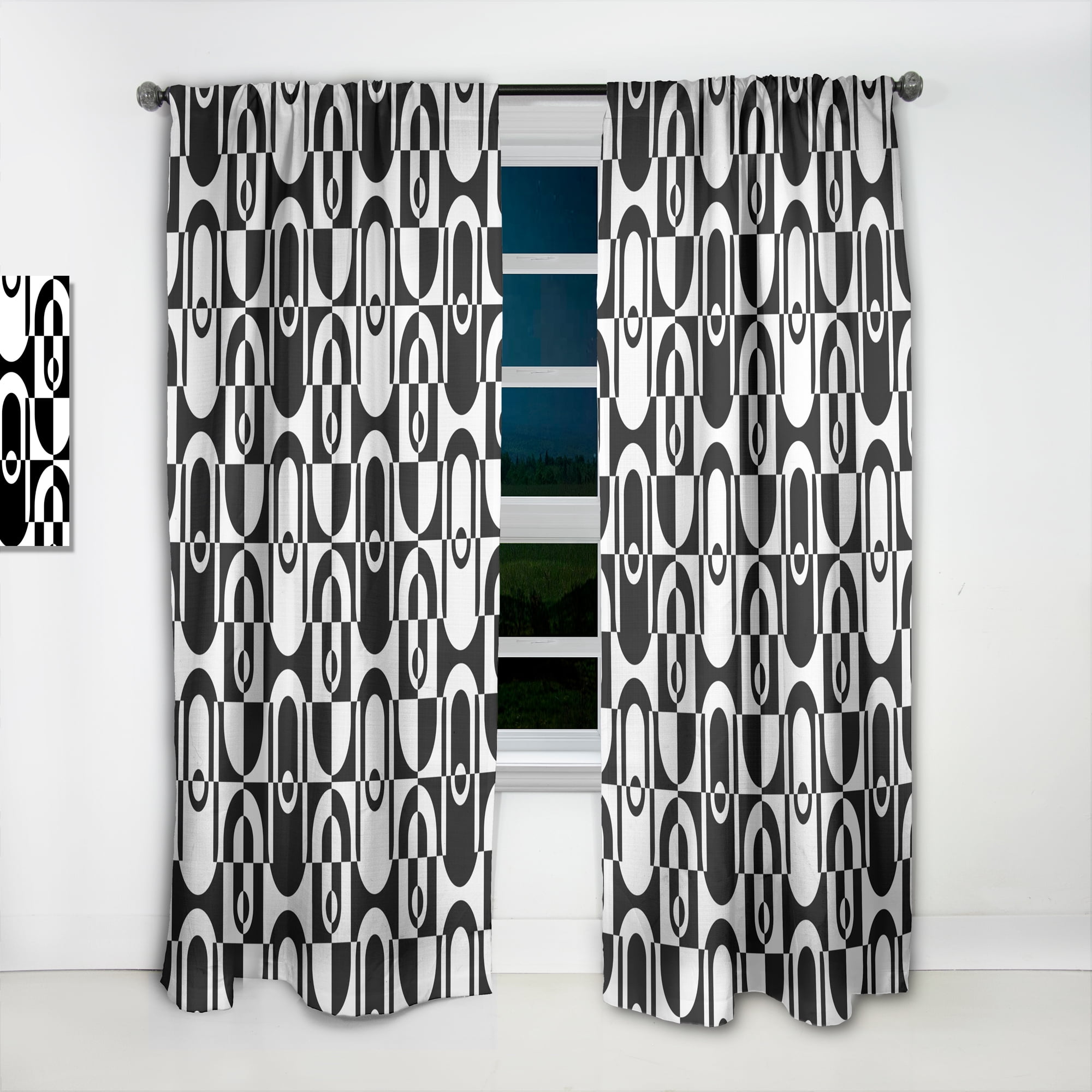 Designart 'Black and White Geometric Pattern VIII' Mid-Century Modern Curtain Panel