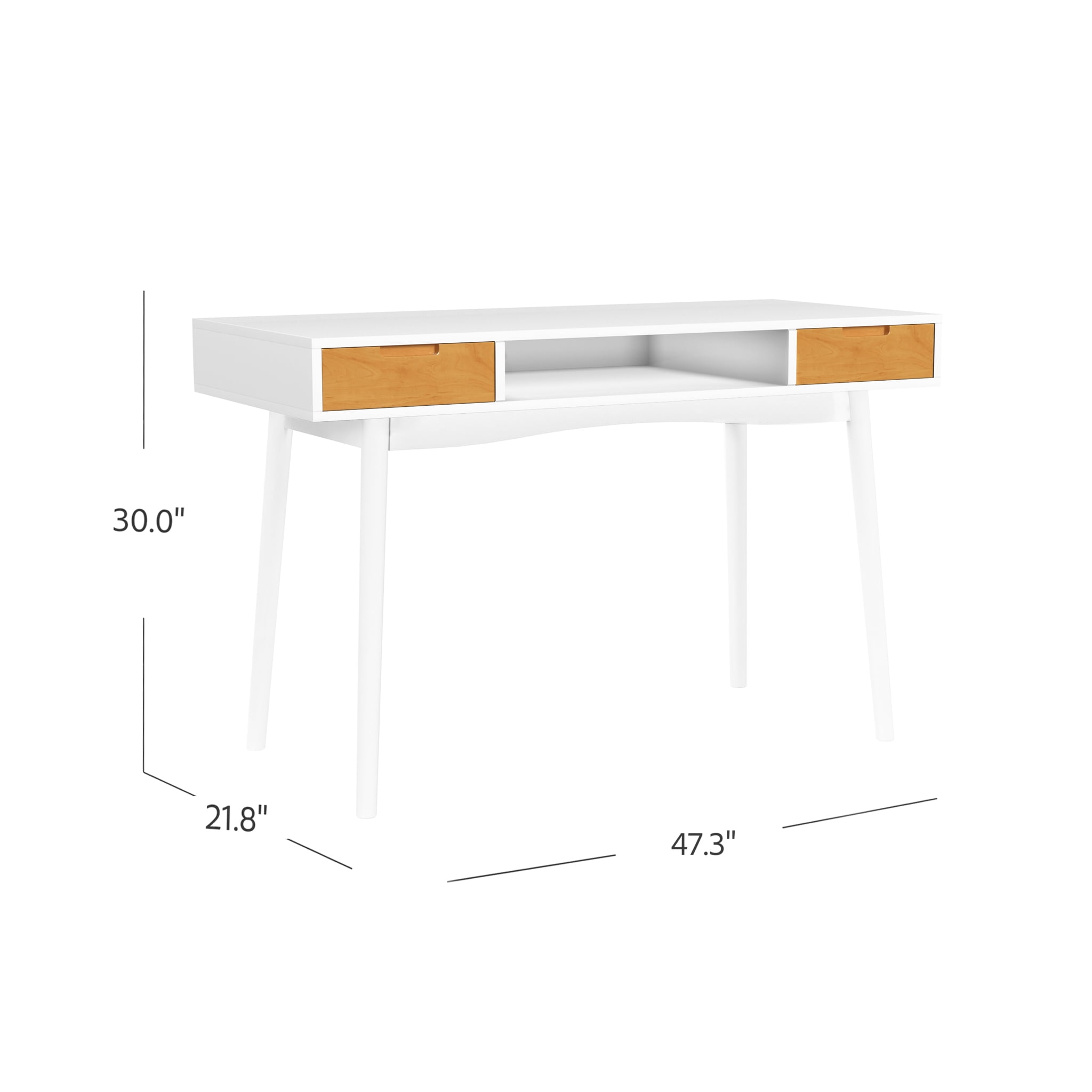 Linon Campton 2-Drawer Mid Century Writing Desk, 47" Wide, White and Natural Finish