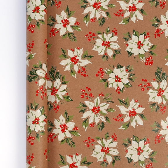 Christmas Gift Wrapping Paper Roll, 17 Inch x 118 Inch Brown Wrapping Paper for Gifting Christmas Winter Holiday Party Supplies, Flowers & Berries (S)