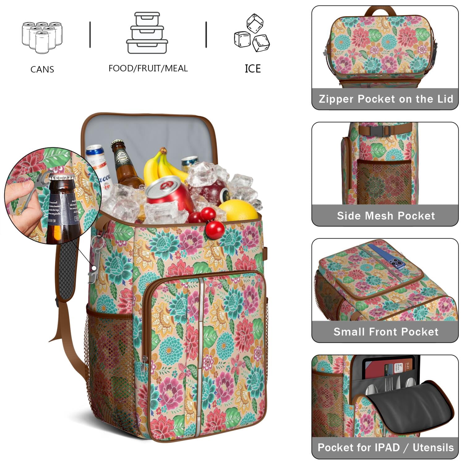 Travel Cooler Bag - Pioneer Flower Camping Beer Cooler Backpack with Bottle Opener- Waterproof Insulated Picnic Backpacks - Cooler Bag for Beach