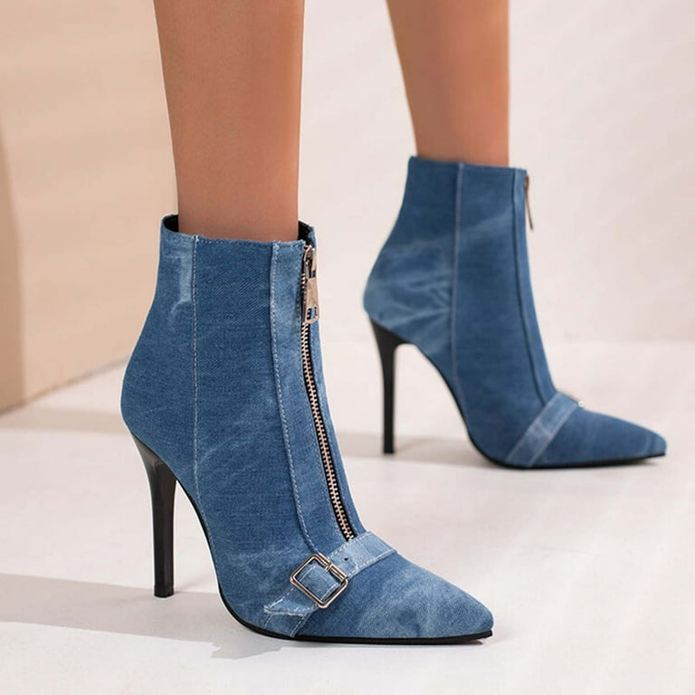 Blue Denim Women's Pointed Toe Stiletto Heel Ankle Boots Front Zip Sexy Booties | Size 6