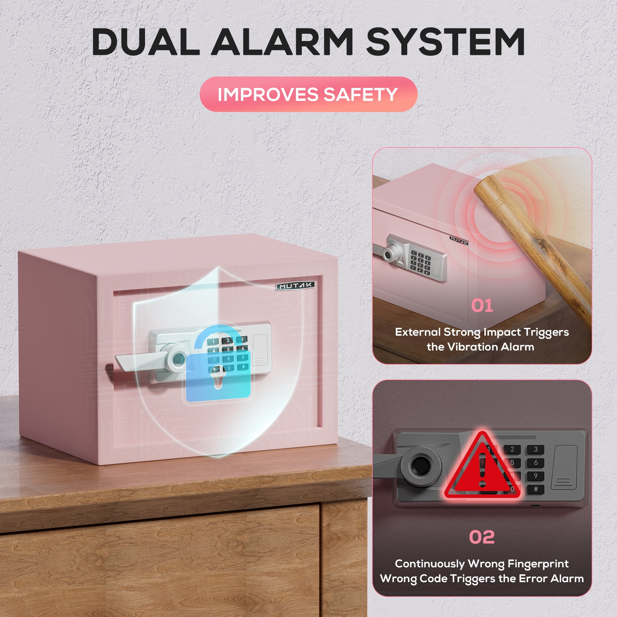 Safe Box,MUTAK 1.0 Cuft Biometric Safe Lock Box with Fingerprint,Code and Keys Access, Heavy Duty Security Money Safe Lock Cabinet with Fireproof Document Bag, Pink