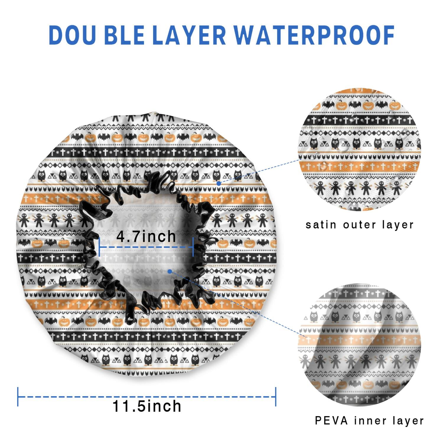 Shower Caps,Orange and Black Christmas Pattern Waterproof Shower Cap for Women 4 Pieces,Double Reusable Hair Cover for Shower PEVA Elastic Stretch Hem