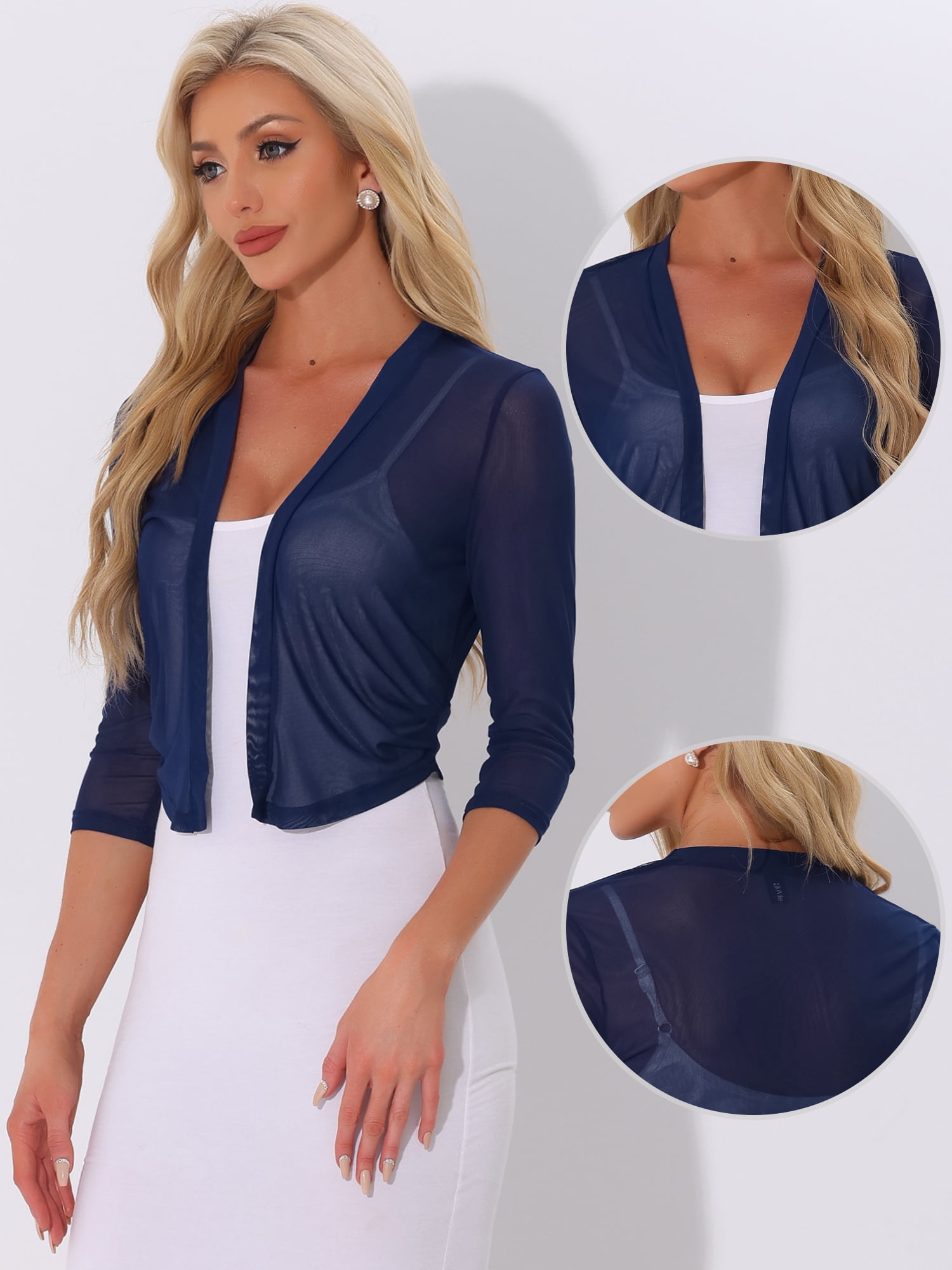 DARING DIVA Elegant Women's 3/4 Sleeve Sheer Mesh Cardigan Dresses XS Dark Blue