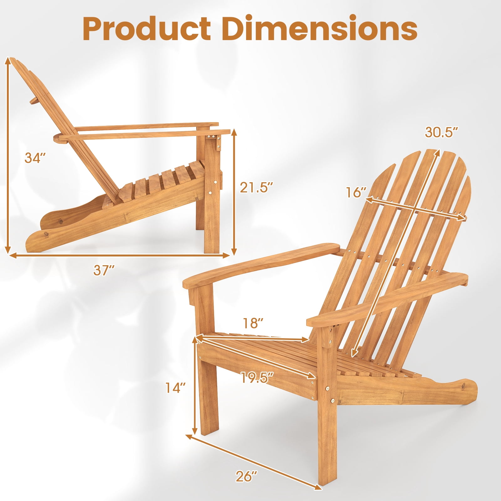 Costway Outdoor Adirondack  Chair Accent Chair Solid Wood sturdy Patio Garden Furniture Natural