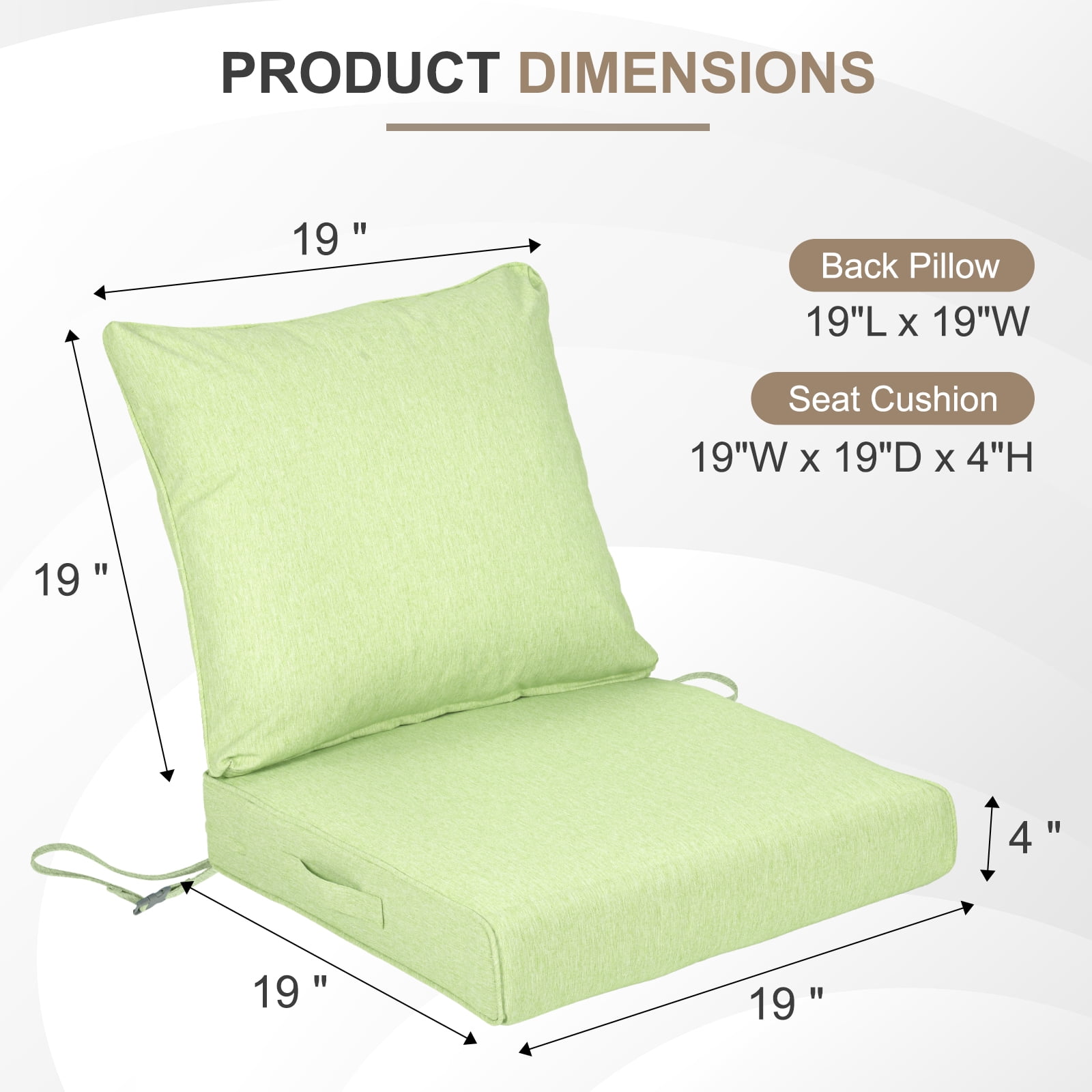 BPS 19x19 Inch Outdoor Deep Seat Cushion Set, Waterproof Patio Furniture Cushions with Adjustable Straps & Removable Cover for Patio, Deck, or Garden, Green