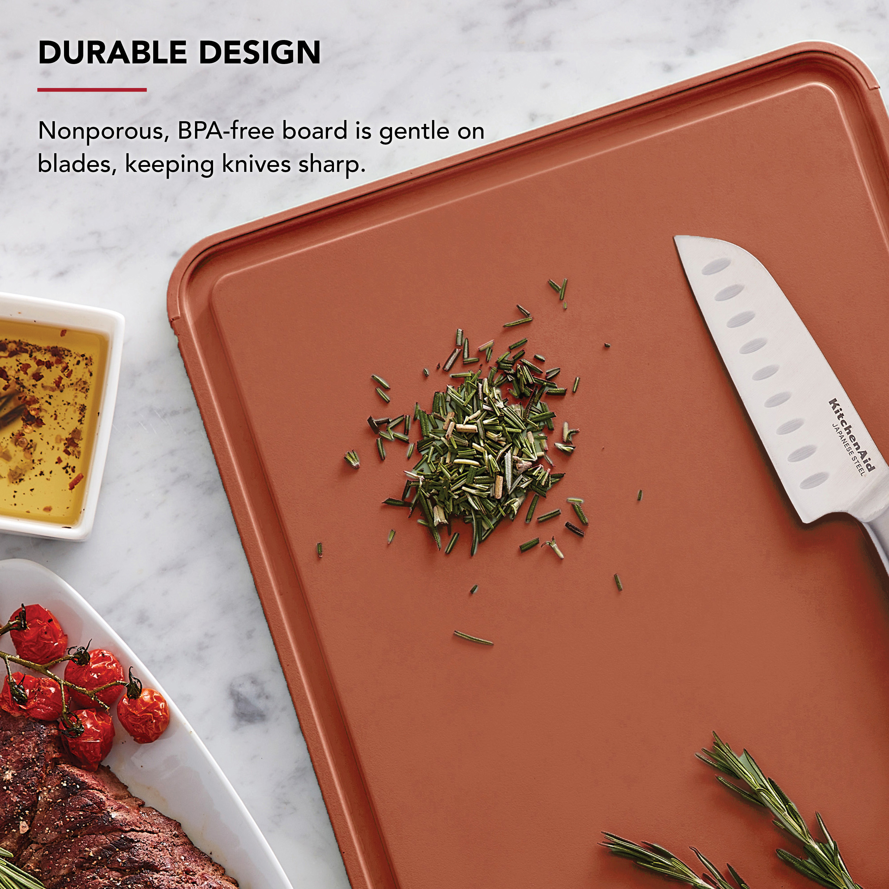 KitchenAid Classic Plastic Cutting Board with Trench, Non-Slip Edges, Dishwasher Safe, 12x18, Scorched Orange