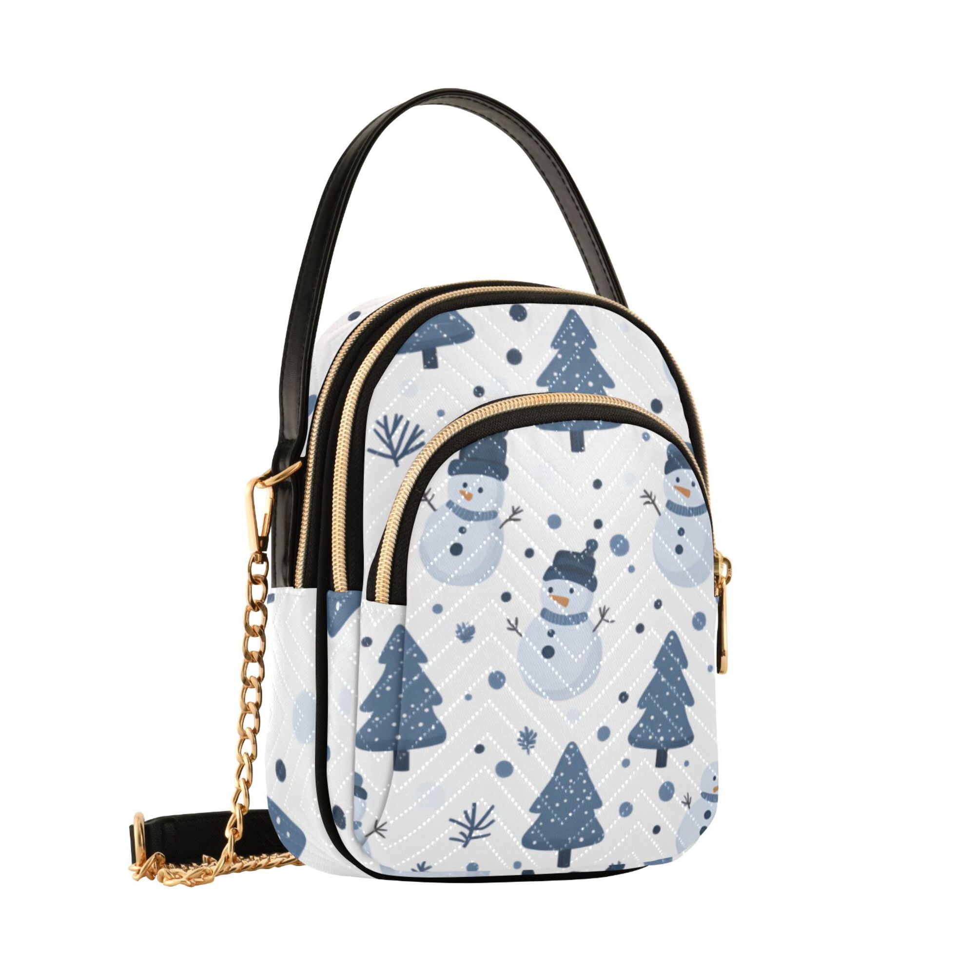 FORMRS Crossbody Bag for Women Quilted Travel Shoulder Cell Phone Purse with Chain Strap Handbag, Blue Cute Snowmen
