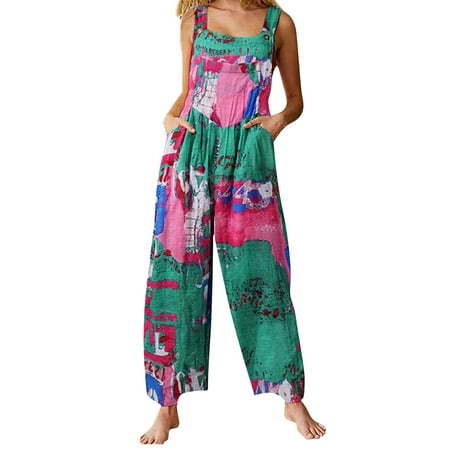 

Douhoow WWomen s Suspender Jumpsuit Cotton Linen Wide Leg Boho Overalls Casual Loose Romper