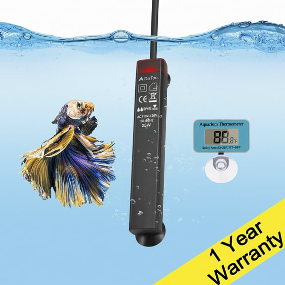 DaToo 25W Mini Aquarium Heater Betta Small Fish Tank Heater Submersible 3 to 5 Gallon, 1 Yr Warranty