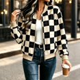 thumbnail image 2 of Zijinkuiwen Women Checkered Print Bomber Jacket Zip Up Long Sleeve Ribbed Trim Outerwear for Casual Daily Wear, 2 of 6