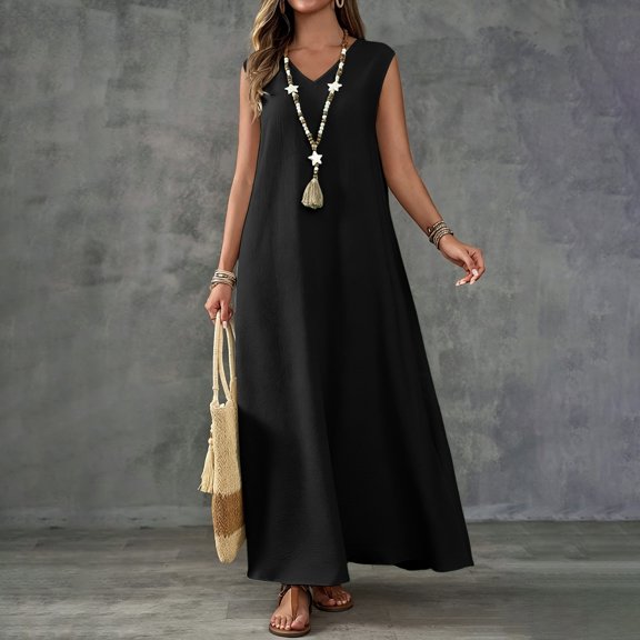 ClodeEU Women's V Neck Sleeveless Maxi Dress with Side Split,Casual Loose Summer Flowy Tank Dress Black,Women's Plus L