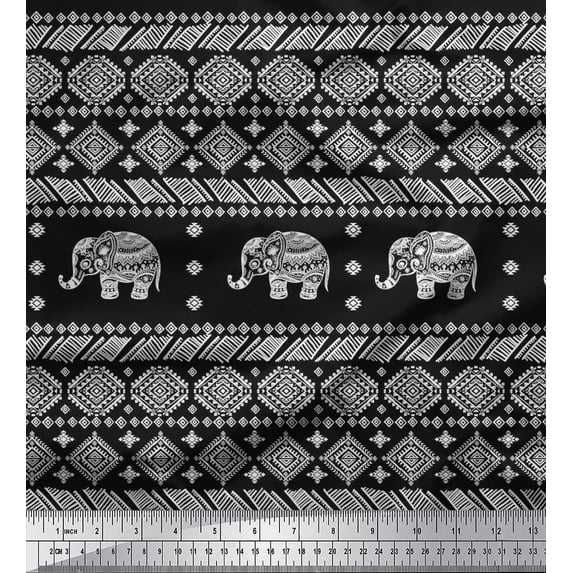 Soimoi Japan Crepe Satin Fabric Aztec & Tribal Elephant Animal Print Fabric by the Yard 42 Inch Wide