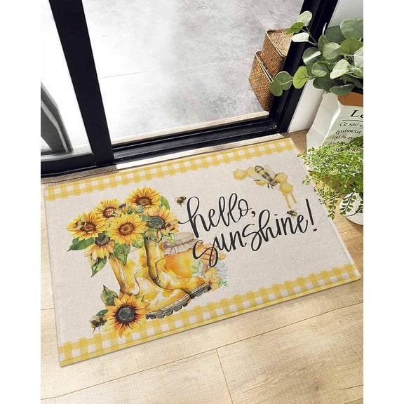 Shag Bath Rugs Farm Yellow Sunflower Honey Bee Plush Soft Fluffy Doormat Floor Carpet,Non-Slip Living Room Bedroom Kitchen Entryway Door Mats Country Plaid Vintage Linen