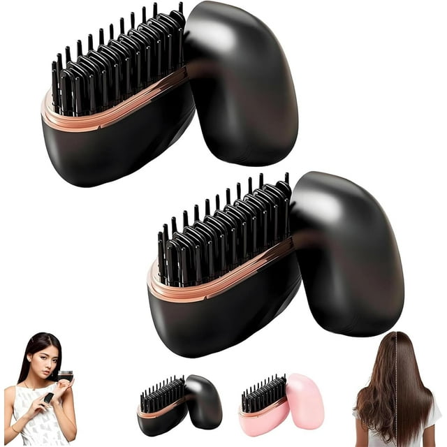 Glambrush Mini Hair Straightener,2-In-1 Mini Cordless Hair Straightener Comb With 3 Heat Settings,30s Fast Heating,Anti-Scald Shell,Hair Straightener For All Hair Types,Travel,Home Use (Black*2)