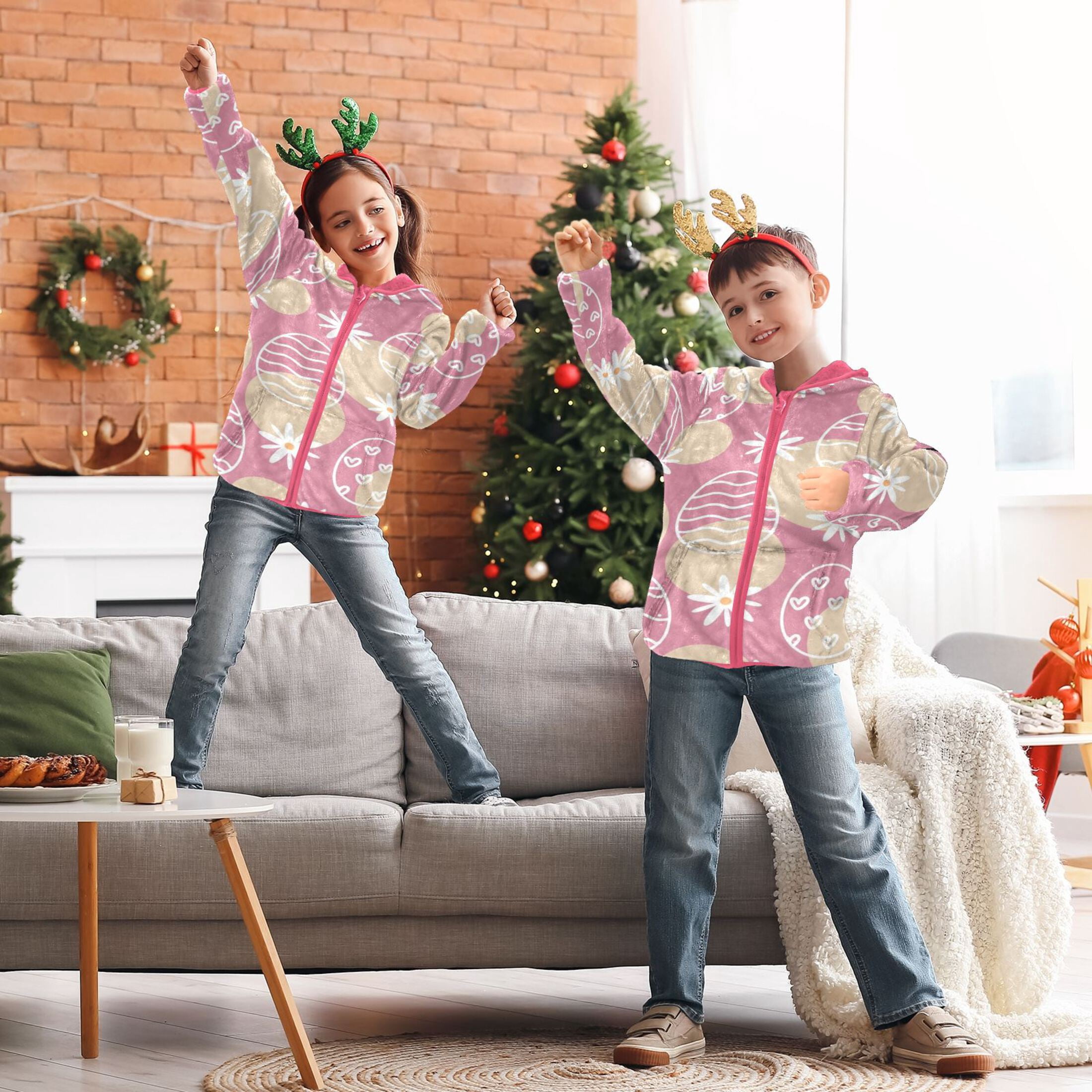 BZSMCE Double-Sided Sherpa Fleece Hooded Zipper Jacket Pink Pastel Easter Whimsy Print Warm Outerwear