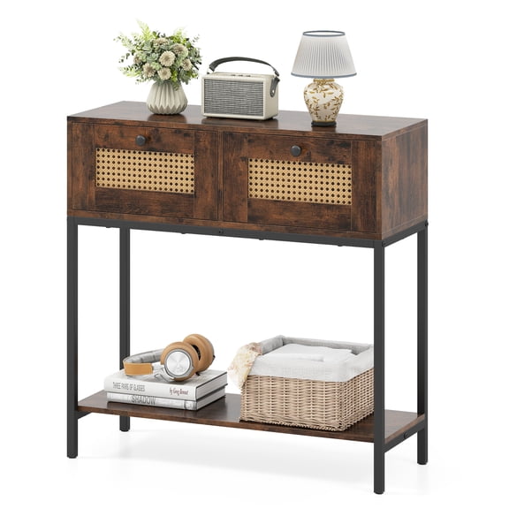 Patiojoy Rattan Console Table Boho Narrow Sofa Table w/2 Storage Drawers & Open Shelf Rustic Brown