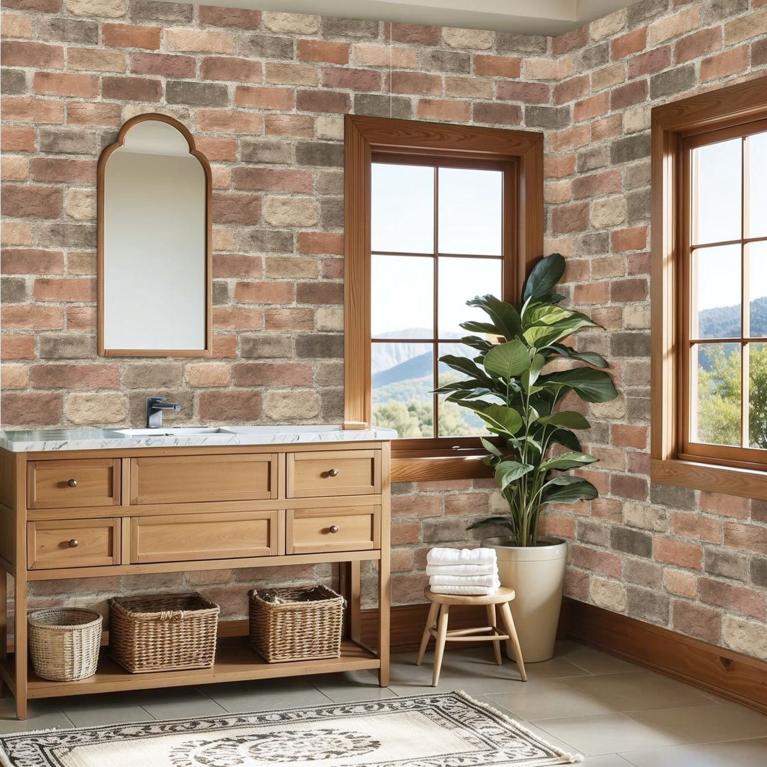 Peel and Stick Wallpaper Rustic Brick Wall Textured Surface Warm Earthy Tones Wall Mural 23.6in x 9.8ft Self Adhesive Removable Wall Paper Renter Friendly Wallpaper for Nursery Bedroom Cabinets