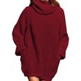 thumbnail image 3 of Vestido suéter de cuello alto Vestido jersey de manga larga Suéter de color puro de gran tamaño para mujer Rojo vino L, 3 of 6