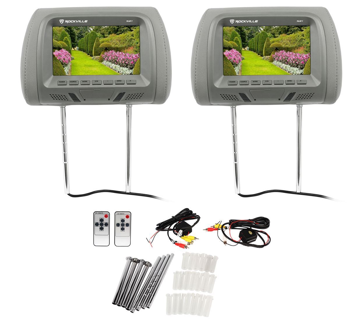 Pair Rockville RHP7GR 7” Grey TFTLCD Car Headrest TV Monitors w