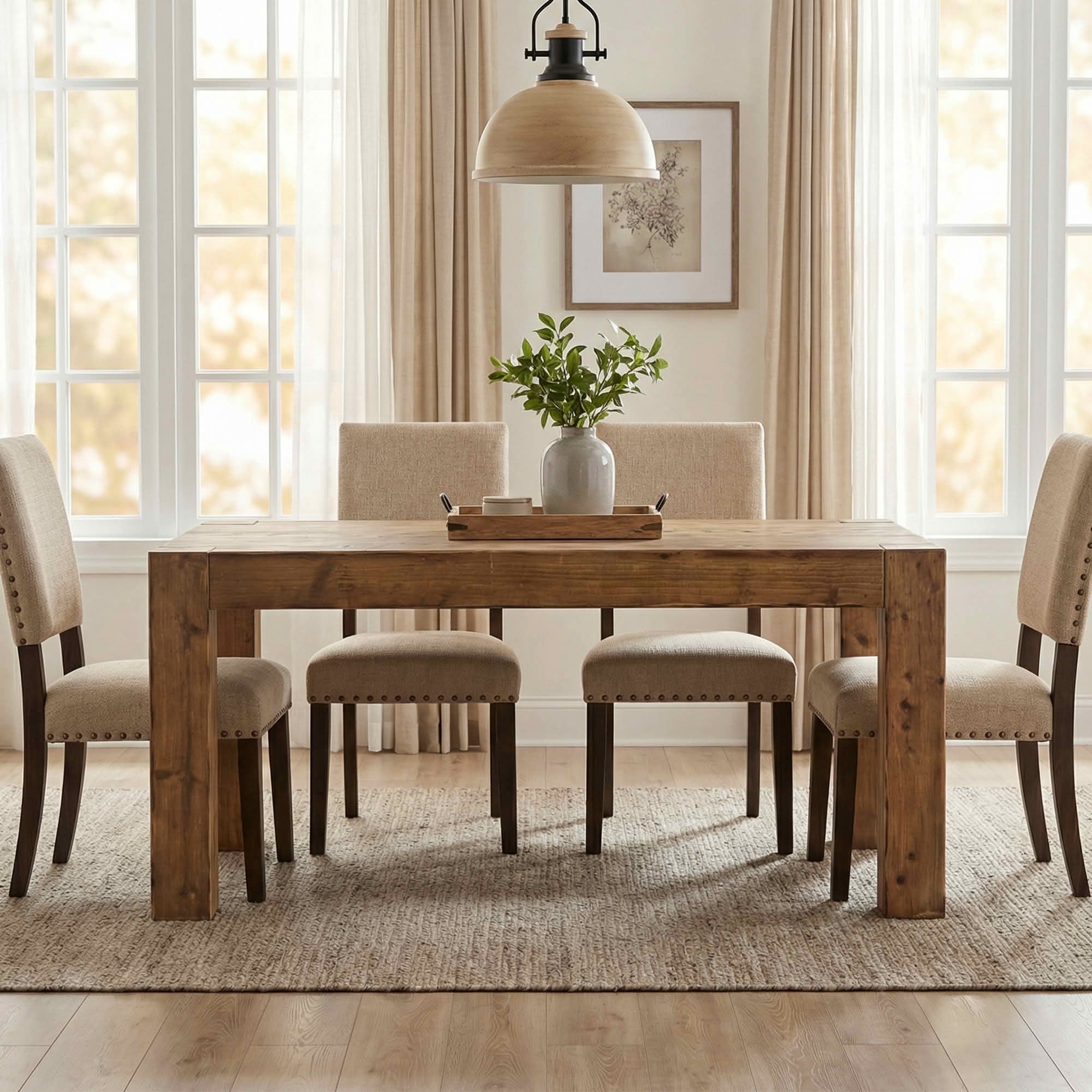 MAYEERTY 63" Solid Wood Farmhouse Dining Table, Rustic Brown 4-6 Seater Thick Top Multiuse Kitchen & Office Table