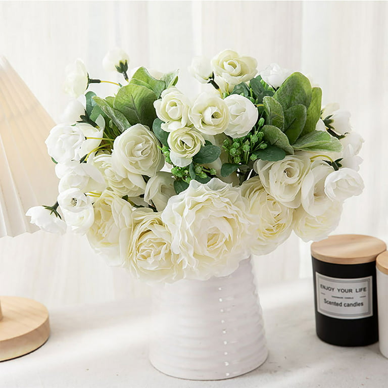 White Rose Peony Arrangement, Artificial Faux Centerpiece, Floral Silk  Flowers in Gold Vase for Home Decor