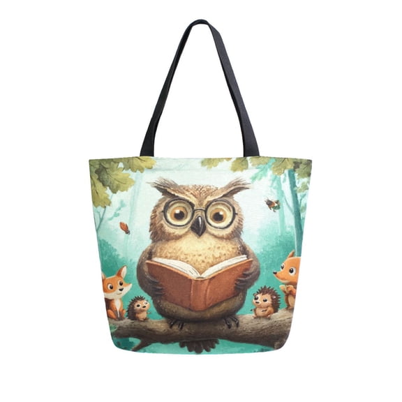 Open Top Canvas Tote Bag with Zipper Reusable Shopping Bag 13.5x15" Roomy Carryall Owl Wearing Glasses