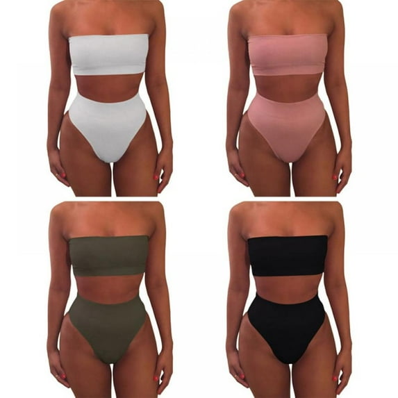Women's 2 Pieces Bandeau Bikini Swimsuits Off Shoulder High Waist Bathing Suit High Cut
