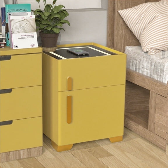 KPIBEST Nightstand with Safe Box and LED Lights and Wireless Charge（yellow）