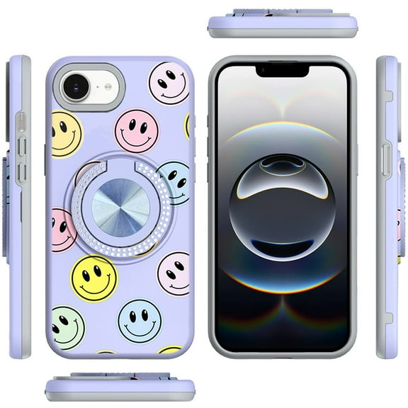 XPM for Apple iPhone 16e Phone Case, Pattern Design Hybrid with Invisible Ring Stand & Magnetic Back, Shockproof Protective Grip Cover for Apple iPhone 16 E (6.1") (Emoji Smile Face)