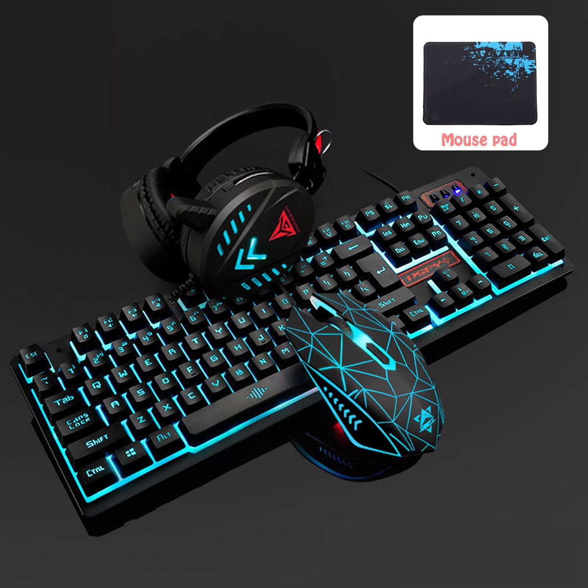 [4 Pieces/Set] Wired LED Gaming Over-Ear Headset, Keyboard & Mouse