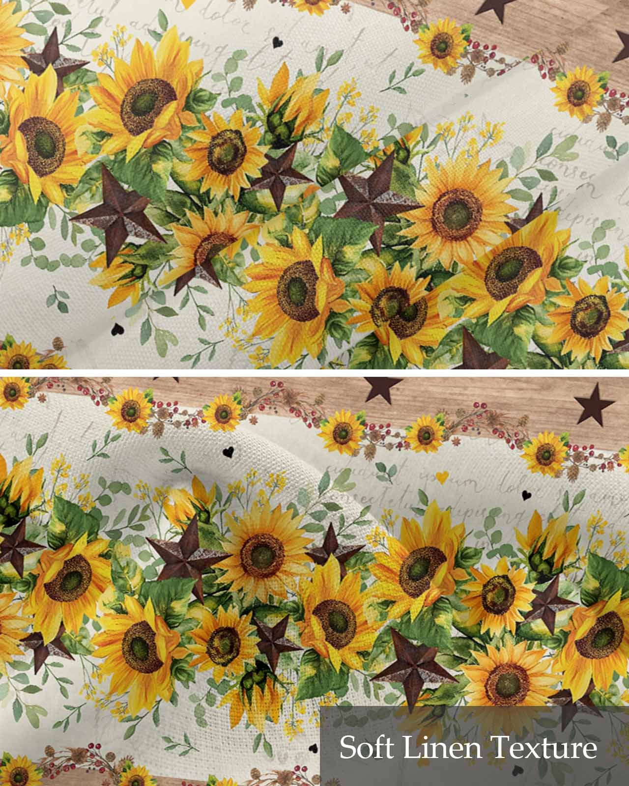 Yellow Sunflower Kitchen Valances for Windows Farmhouse Linen Window Valance Curtain for Living Room Window Treatment Green Leaves Wood Country Vintage Valance Rod Pocket Topper Drape, 54 x 18 Inch