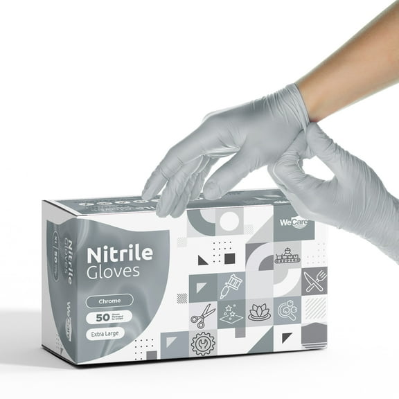 WeCare Nitrile Latex Free & Powder Free Disposable Gloves - Chrome - Box of 50 Gloves (XL)