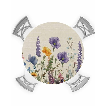 

Round Tablecloth with Elastic Poppy Lavender Daisy Flowers Watercolor Floral Retro Linen Waterproof Stain-proof Table Cover Wipeable Fitted Table Cloths for 45 -54 Round Tables Dining Kitchen
