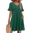 thumbnail image 2 of Summer Casual Dresses for Women A Line Sun Dress Ruffle Short Sleeve V Neck Tshirt Dress with Pockets Dark Green M, 2 of 6