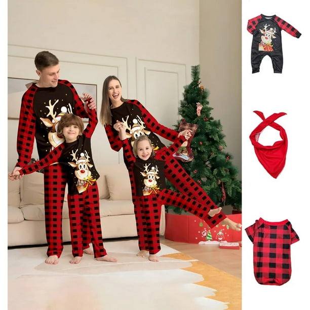 Conjunto de pijama con estampado de alce navideño, traje de padre e hijo, Top de manga larga con cuello redondo y pantalones a rayas a cuadros, ropa de dormir y de estar por casa xuanjing unisex