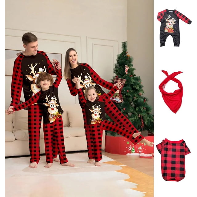 Conjunto de pijama con estampado de alce navideño, traje de padre e hijo, Top de manga larga con cuello redondo y pantalones a rayas a cuadros, ropa de dormir y de estar por casa xuanjing unisex