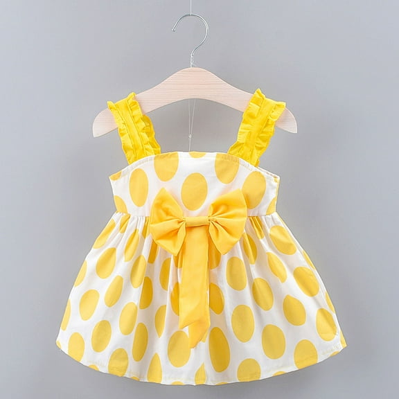 LoyisViDion Baby Girls Dress Clearance Toddler Baby Girls Kids Strap Bow Dot Print Summer Dress Princess Dresses Yellow 12-18 Months