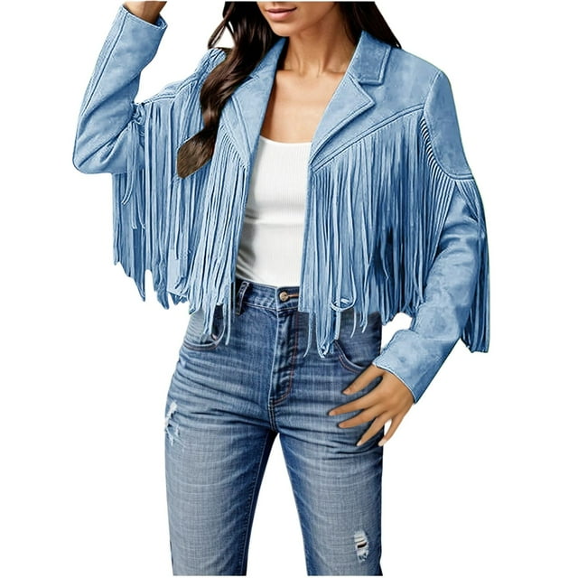 Veste Courte en Cuir Suédé pour Femme Mode à Franges à Pampilles Manteau de Moto Décontracté Vêtement d'Extérieur Bohème Stylé