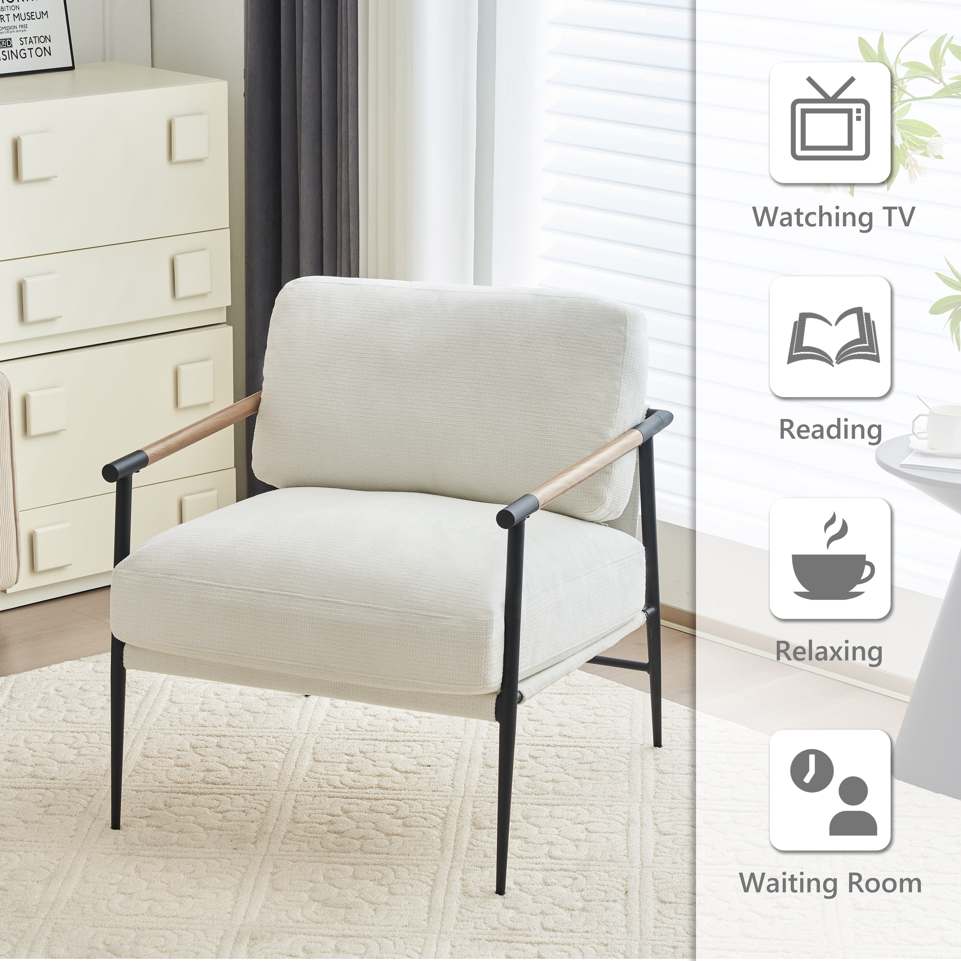 Othniel White Accent Chair Armchair Chenille Mid Century Modern Accent Chair Metal Leg Comfy Cushion for Living Room