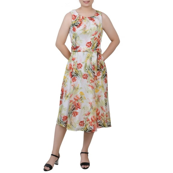 NY Collection Women's Sleeveless Chiffon Belted Dress Brown Size Petite Small