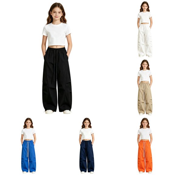 RTKFRFLM Girls Wide Leg Pants Loose Fit Elastic Waist Drawstring Solid Color Casual Long Trousers for Kids for Everyday Casual Wear