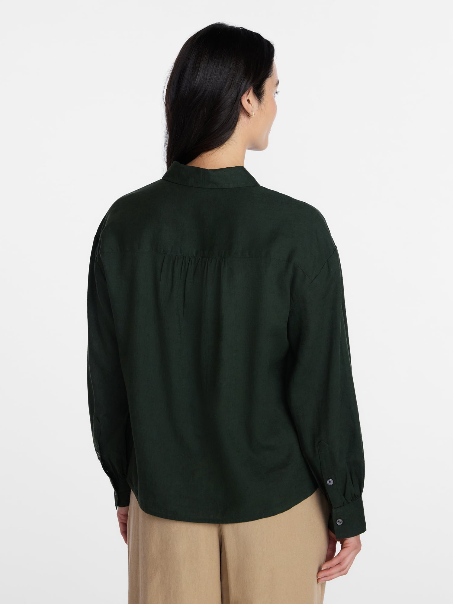 Time and Tru Women's Linen Blend Button Front Cropped Top with Long Sleeves, Sizes XS-XXXL