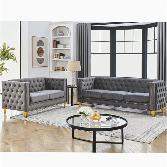 JERFIT Modern Velvet Sectional Sofa Couch Set, 5-Piece L-Shaped Grey Fabric Sofa with Cushions for Living Room, Apartment
