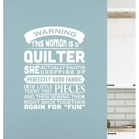 Warning Woman Quilter Sewing Chopping Tiny Pieces Vinyl Wall Art Quote - Sewist Tailer Quilters Wall Art - Tailor Seamstress Matte Vinyl Wall Decal Sayings for Wall Decor, 23x17-Inch, White