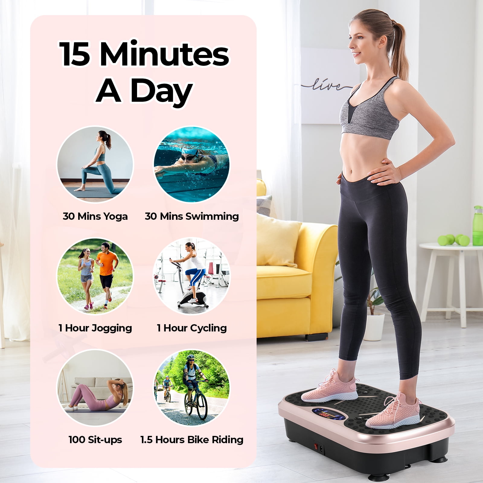 LAZY BUDDY Vibration Plate Exercise Machine Lymphatic Drainage Platform Whole Body Shaker w/ 2 Resistance Bands, Home Workout Training Equipment for Weight Loss & Toning, 265lbs, Goldenrod