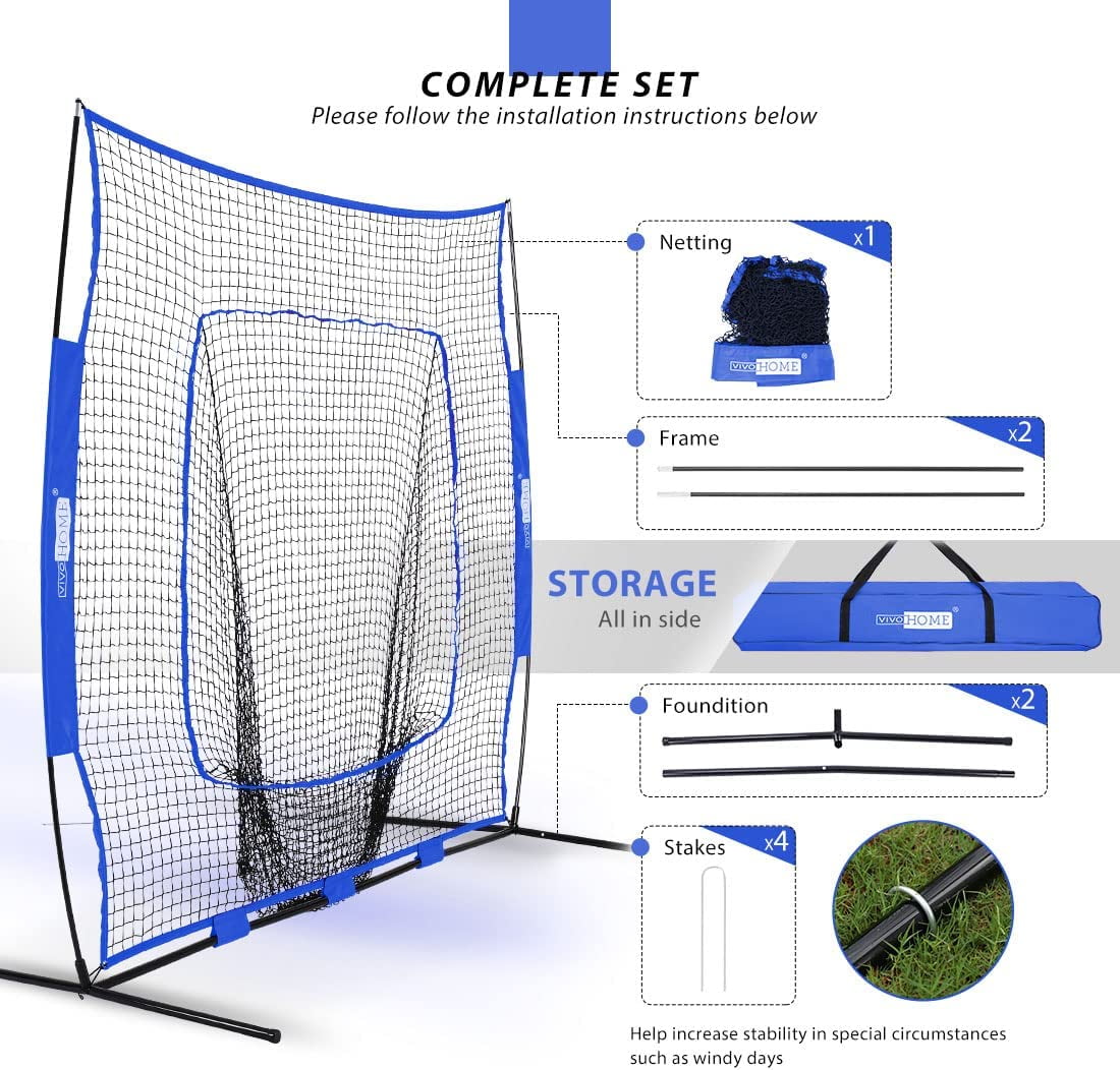 SPECSTAR 7x7Ft Baseball Softball Practice Net with Batting Tee and Carry Bag for Hitting Pitching, Blue