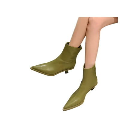 

Lacyhop Womens Fashion Bootie Slim Ankle Boots Zip Up Mid Heel Boot Work Elegant Dress Booties Lightweight Pointy Toe Winter Shoes Green 5