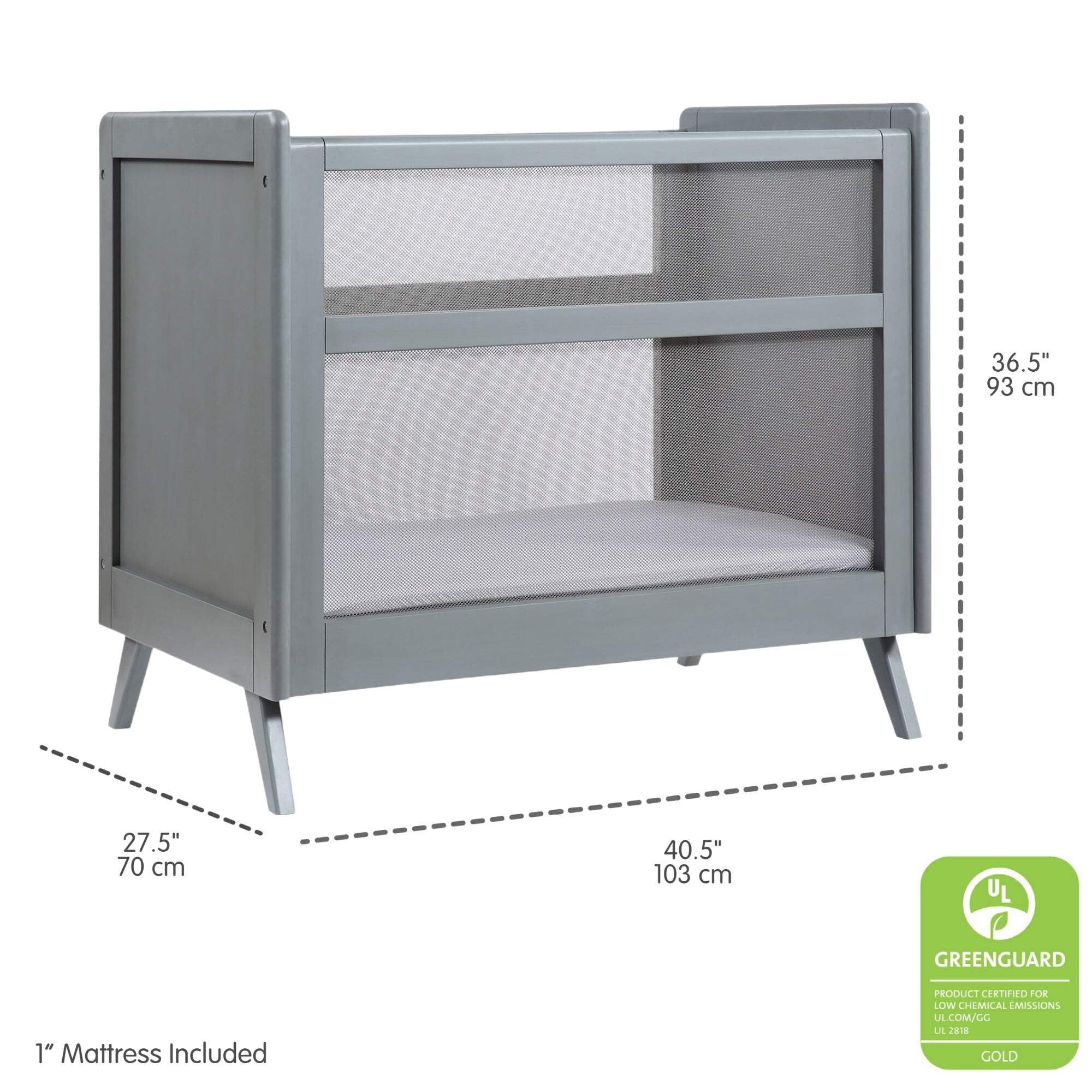 BreathableBaby 2-in-1 Breathable Mesh Mini Crib with Mattress, Gray, Greenguard Gold Certified