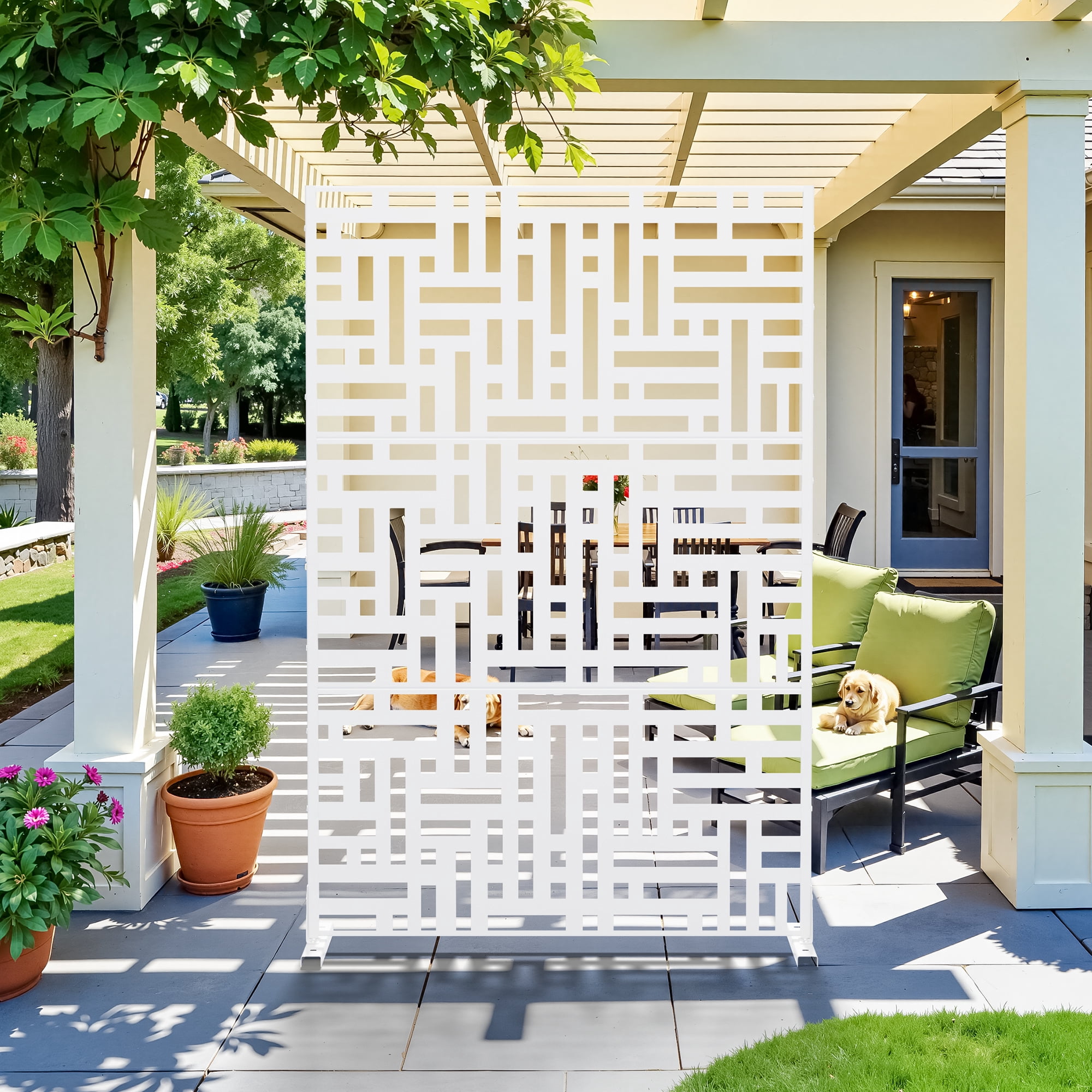 MAYEERTY 72" × 47" Outdoor Privacy Screen, 3 Panels Metal Decorative Screen, White
